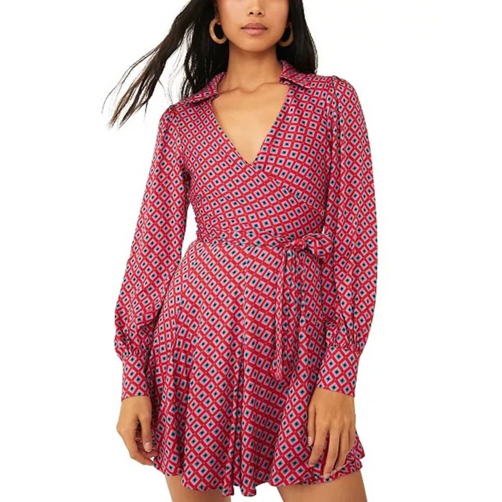 Free People It Takes Two Mini Dress XS Boho Gypsy V-Neck Open Back Tie Geometric